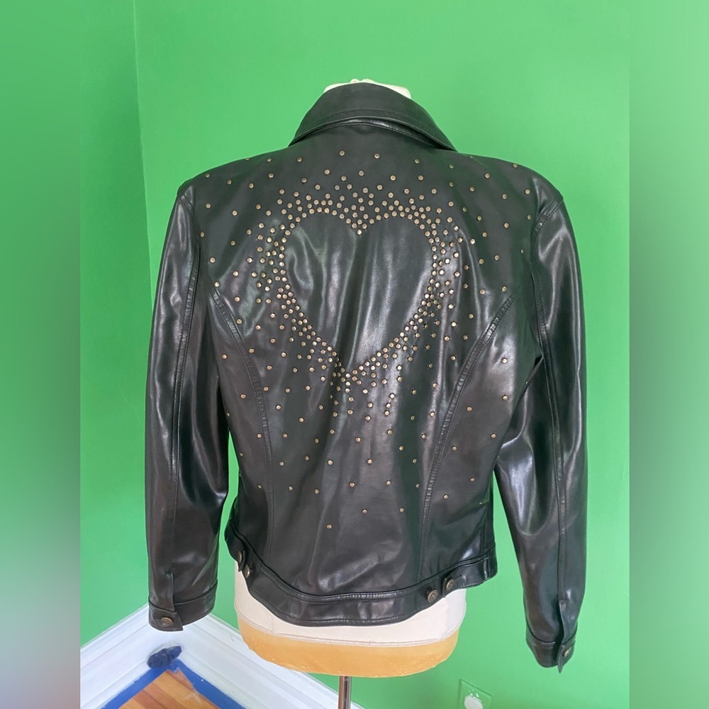 Y2K vintage Moschino Jeans Studded Heart Black Faux Leather Jacket